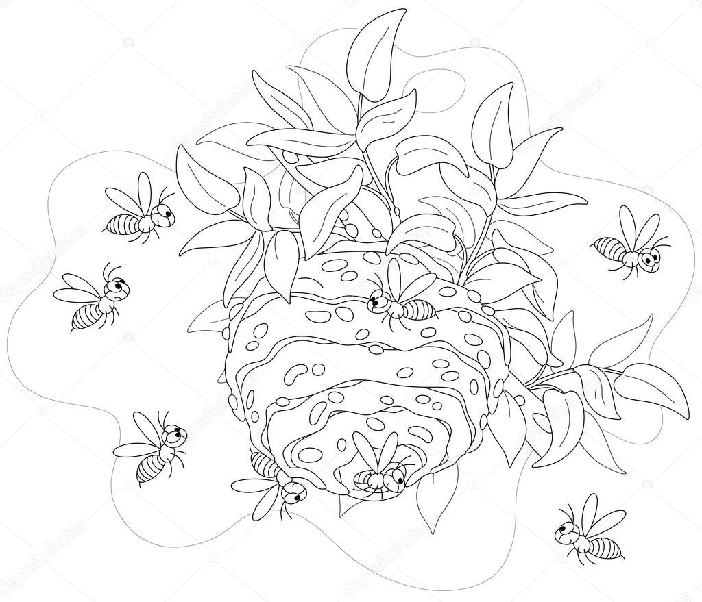 Angry swarm of striped wasps flying and buzzing around their hive on a branch in a summer forest, black and white outline vector cartoon illustration for a coloring book page