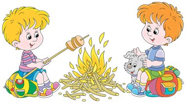 Bir orman kampında küçük bir yavrusu olan küçük izciler, dostça gülümseyen, konuşan ve yaz tatilinde ekmek kızartan, beyaz arka planda izole edilmiş vektör karikatür çizimi.