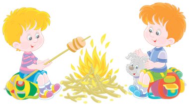 Bir orman kampında küçük bir yavrusu olan küçük izciler, dostça gülümseyen, konuşan ve yaz tatilinde ekmek kızartan, beyaz arka planda izole edilmiş vektör karikatür çizimi.