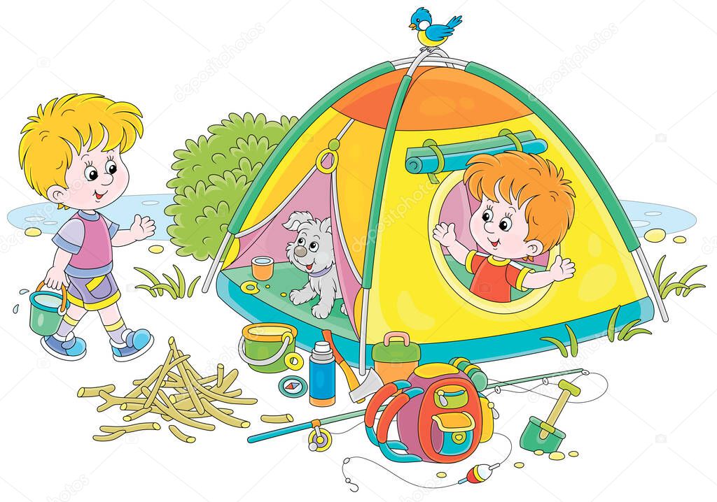 Cheerful little boys tourists with a merry pup in their forest camp by a small lake on summer vacation, vector cartoon illustration isolated on white