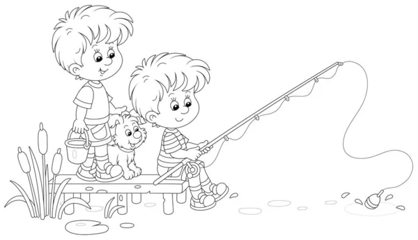 Niños Alegres Pescando Pequeño Estanque Campo Junto Con Cachorro Alegre — Vector de stock