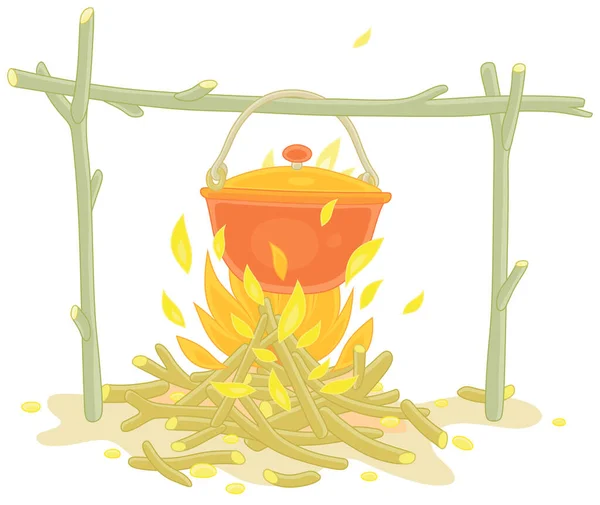 Cocinar Cena Una Pequeña Olla Turística Hirviendo Sobre Quema Fogatas — Vector de stock