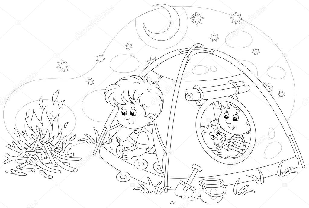 Cheerful little kids tourists with a merry pup resting in their camp tent on a starry night on summer vacation, black and white outline vector cartoon illustration for a coloring book page