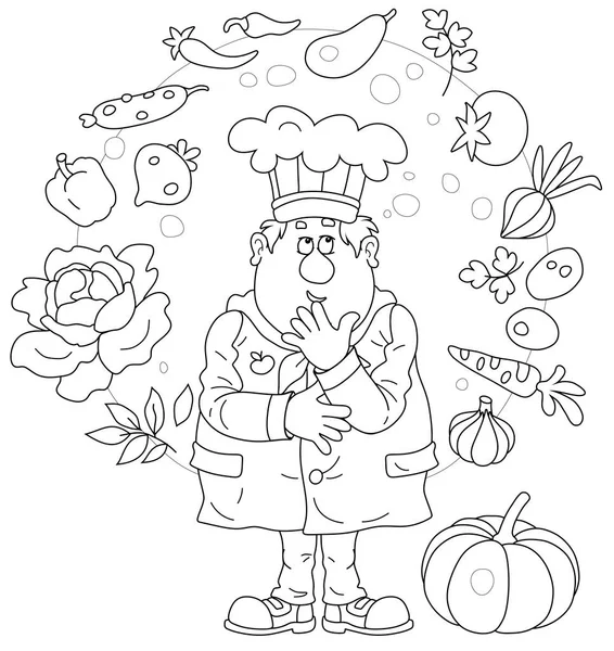 一个戴着厨师帽子的有趣的胖胖的厨师在想一个厨房菜园里新鲜蔬菜和调味品的原汁原味的汤 一本彩色书籍的黑白轮廓矢量卡通画 — 图库矢量图片