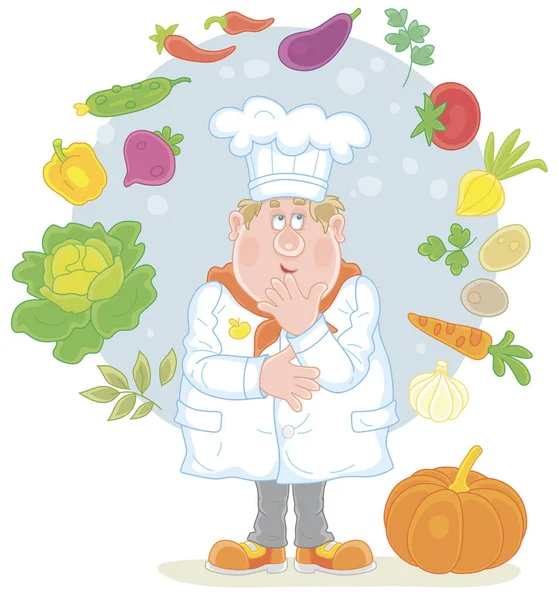 キッチンガーデンの新鮮な野菜やスパイスを使ったオリジナルおいしいスープについて考える白いシェフの帽子の面白いぽっちゃり料理 白い背景に隔離されたベクトル漫画のイラスト — ストックベクタ