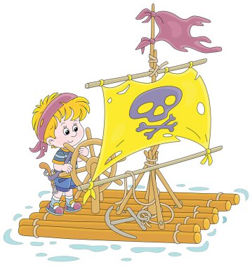Happy little boy playing pirate on a raft with a sail with Jolly Roger and a toy steering wheel on a small lake on summer vacation, vector cartoon illustration isolated on a white background