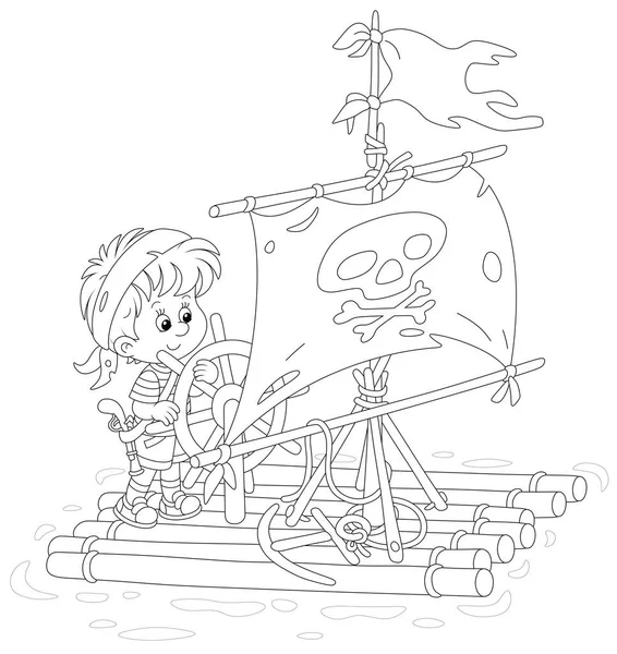 Счастливый Маленький Мальчик Играет Пирата Плоту Парусом Веселым Роджером Игрушечным — стоковый вектор