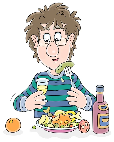 髪の毛をした面白い若い男 ワインのグラスを飲み 夕食を持っています 白い背景にベクトル漫画のイラスト — ストックベクタ