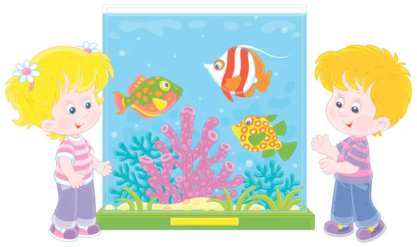 Happy Little Kids Walking Zoological Garden Watching Funny Tropical Fishes — Stock Vector