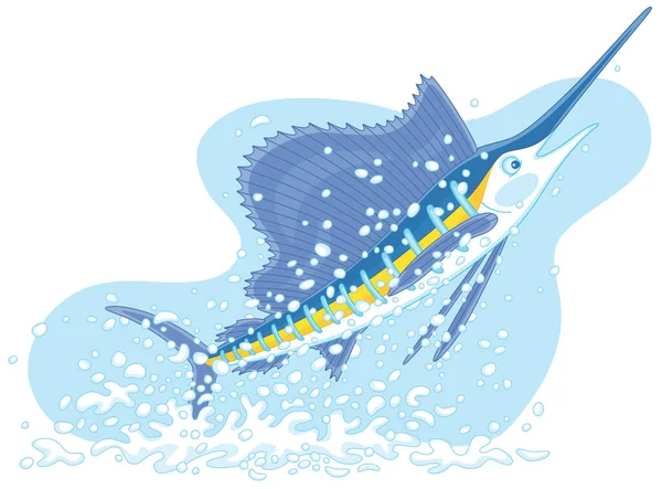 白を基調とした熱帯の海で水から飛び降り 水しぶきを上げる大きな海洋メカジキ ベクトル漫画イラスト — ストックベクタ