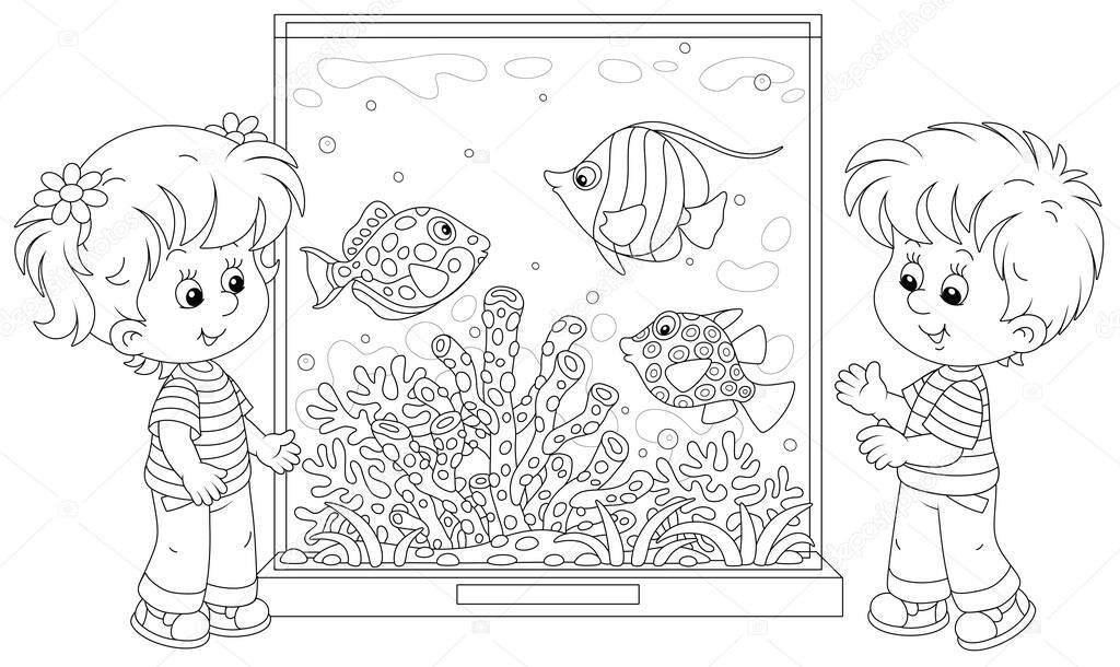 Happy little kids walking around a zoological garden and watching funny tropical fishes swimming in a large aquarium with amazing corals, black and white outline vector cartoon illustration