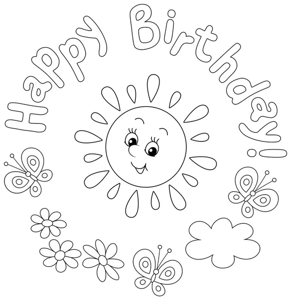 Birthday Card Cute Friendly Smiling Sun Merry Butterflies Flittering Summer — Vector de stock