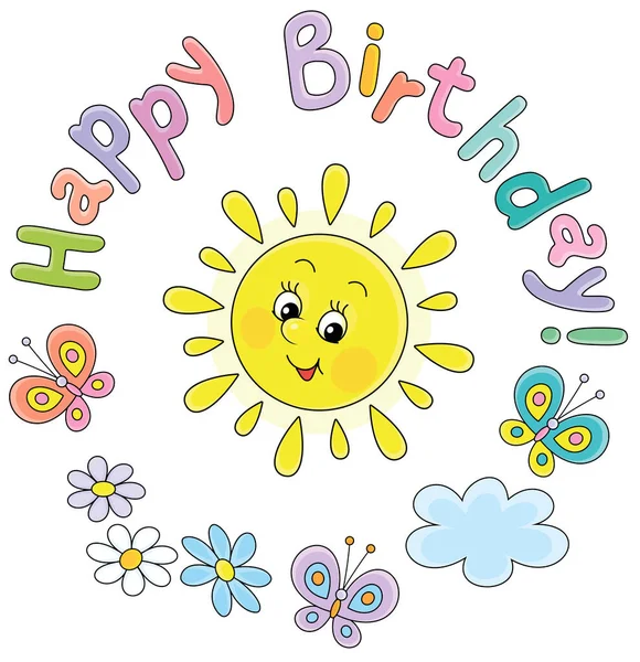 Birthday Card Cute Friendly Smiling Yellow Sun Colorful Merry Butterflies — Vector de stock