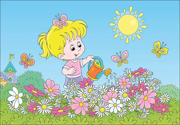 Happy Little Girl Watering Colorful Garden Flowers Pretty Small Flowerbed — Stock Vector