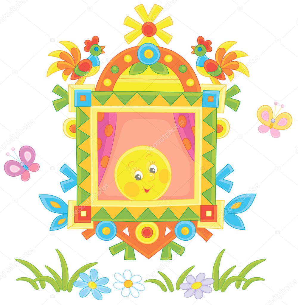 Freshly backed happy round loaf friendly smiling and looking out of a traditionally decorated window of a village log house from a fairytale, vector cartoon illustration isolated on white