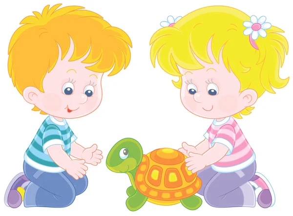 Little Girl Boy Friendly Smiling Playing Small Turtle Nursery School — Stock Vector