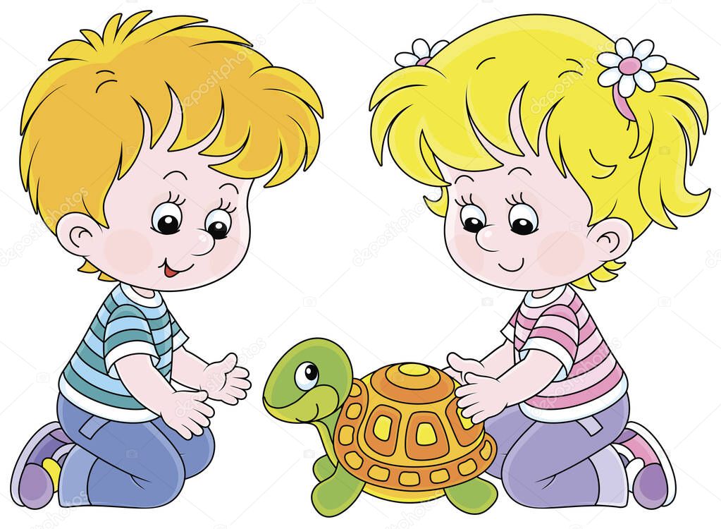Little girl and boy friendly smiling and playing with their funny small turtle in a nursery school, vector cartoon illustration on a white background
