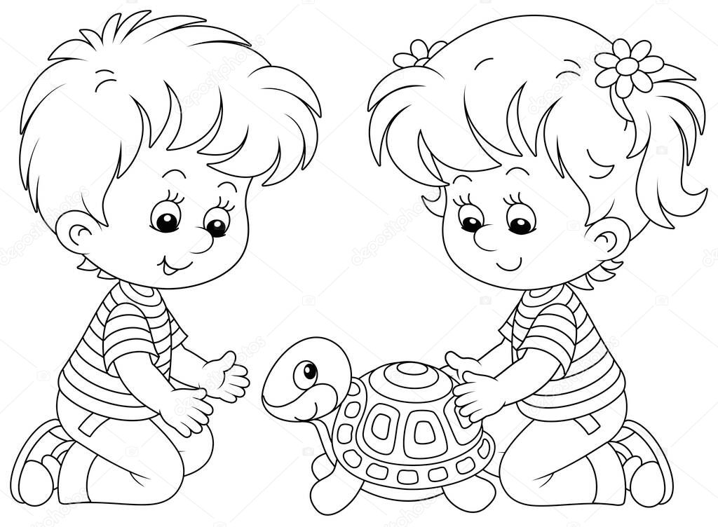 Little girl and boy friendly smiling and playing with their funny small turtle in a nursery school, black and white vector cartoon illustration for a coloring book page