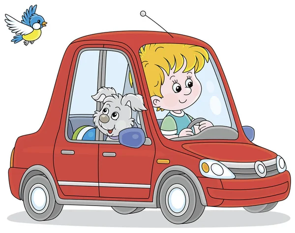 Niño Alegre Cachorro Gris Conduciendo Hermoso Coche Juguete Rojo Ilustración — Archivo Imágenes Vectoriales