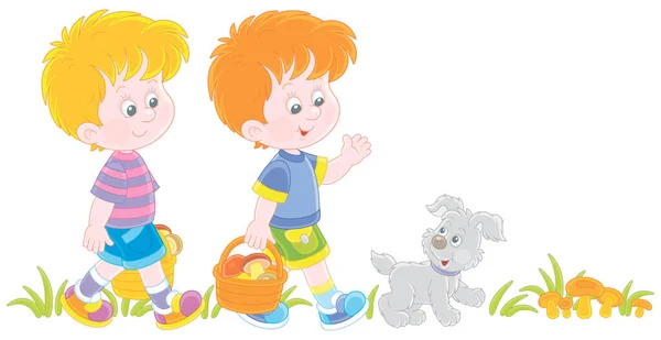 Los Niños Pequeños Setas Cachorro Alegre Caminando Con Cestas Recogiendo — Vector de stock