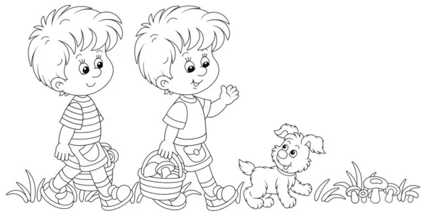 Los Niños Pequeños Setas Cachorro Alegre Caminando Con Cestas Recolección — Vector de stock