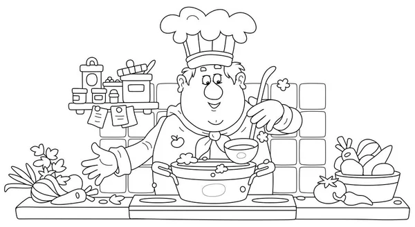 彼の居心地の良いキッチンで新鮮な野菜やスパイスと元のおいしいスープを調理面白いシェフ 着色本のページのための黒と白のアウトラインベクトル漫画のイラスト — ストックベクタ
