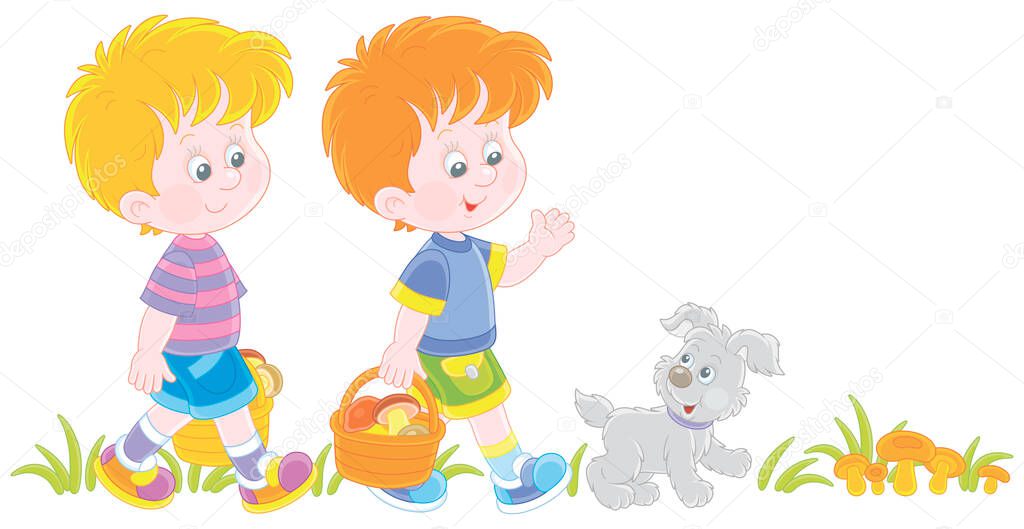 Little kids mushroomers and their merry pup walking with baskets and gathering mushrooms in a summer forest, vector cartoon illustration isolated on a white background