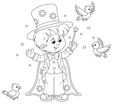 Little boy illusionist with a mysterious hat and a magic wand, conjuring tricks with small birds in a circus performance, black and white outline vector cartoon illustration for a coloring book page