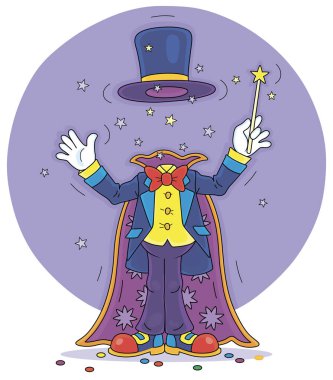 Artful circus magician illusionist with his magic wand, cloak and hat, conjuring trick of mysterious disappearance in an amusing entertaining show on a stage, vector cartoon illustration