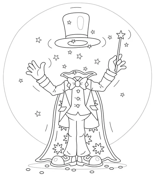 Artful Circus Magician Illusionist His Magic Wand Cloak Hat Conjuring — Stockvector