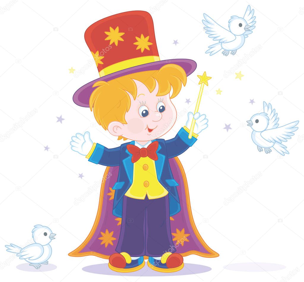 Little boy illusionist with a mysterious hat and a magic wand, conjuring tricks with white birds in a circus performance, vector cartoon illustration isolated on a white background