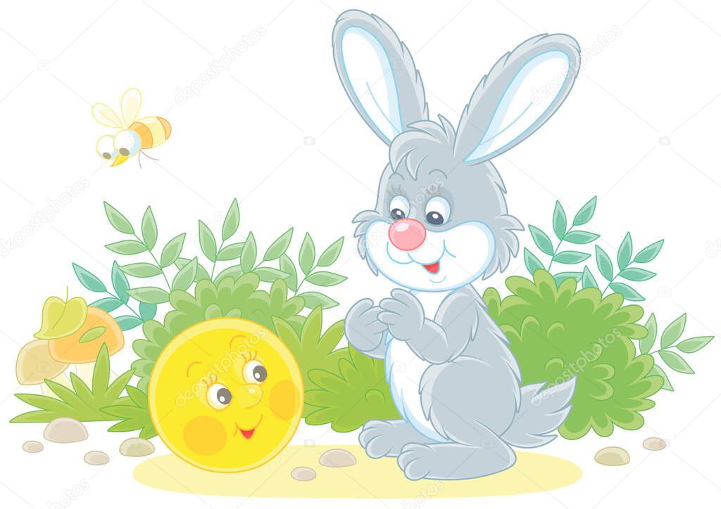 Freshly backed happy round loaf friendly smiling and talking to a small grey hare on a forest glade from a fairytale, vector cartoon illustration isolated on a white background