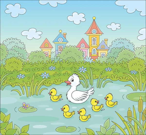 Cute White Duck Merry Brood Yellow Little Ducklings Pretty Pond — Stockvector