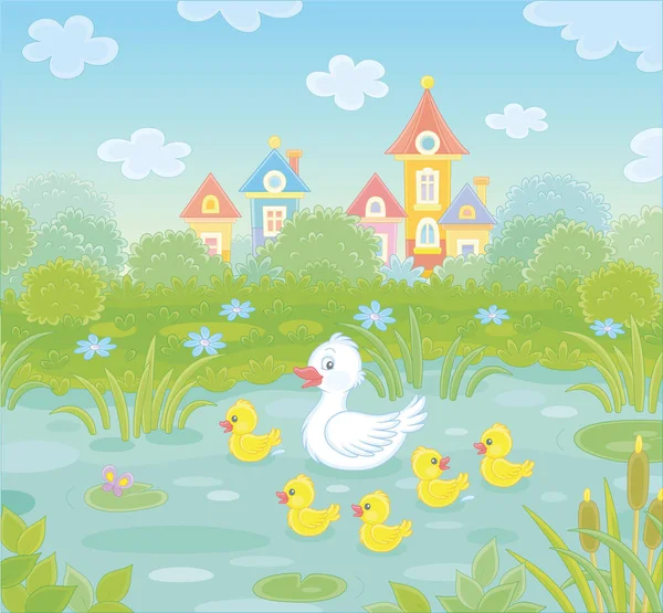 Cute White Duck Merry Brood Yellow Little Ducklings Pretty Pond — Image vectorielle