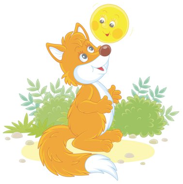 Freshly backed happy round loaf friendly smiling and singing a merry song to a sly red fox on a forest glade from a fairytale, vector cartoon illustration isolated on a white background