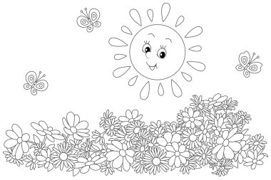 Happily smiling little sun and merry butterflies flittering over summer garden flowers, black and white outline vector cartoon illustration for a coloring book page clipart