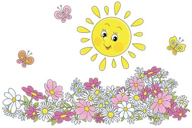 Happily smiling yellow sun and merry butterflies flittering over colorful summer flowers, vector cartoon illustration isolated on a white background clipart