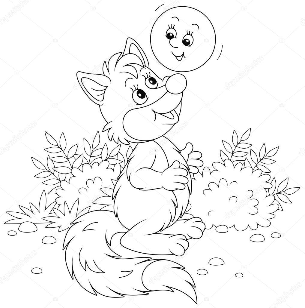 Freshly backed happy round loaf friendly smiling and singing a merry song to a sly fox on a forest glade from a fairytale, black and white outline vector cartoon illustration
