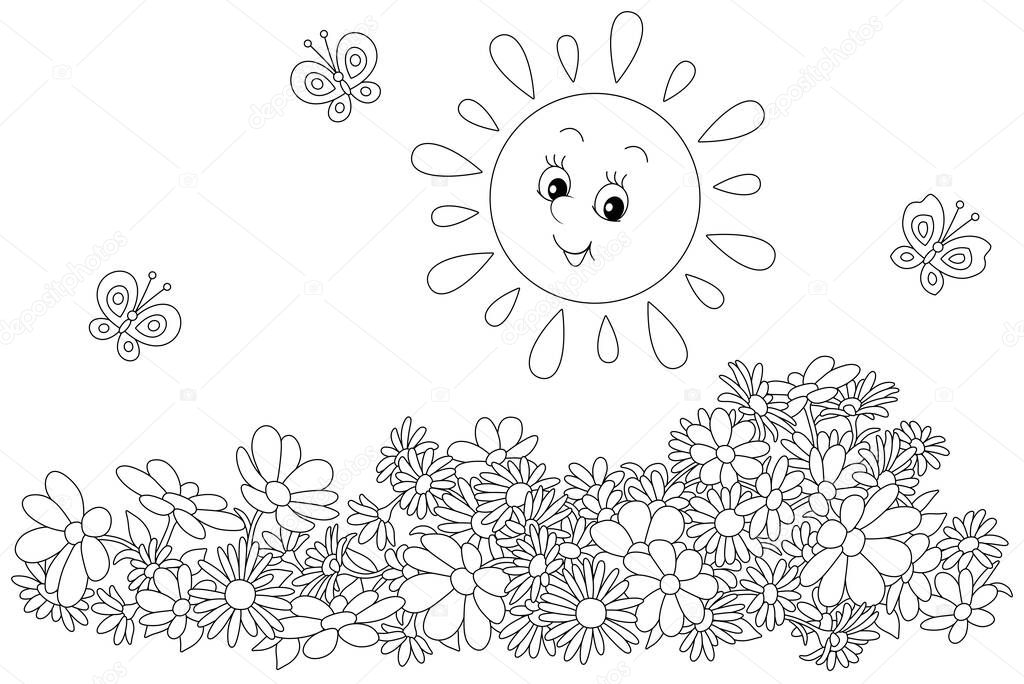 Happily smiling little sun and merry butterflies flittering over summer garden flowers, black and white outline vector cartoon illustration for a coloring book page