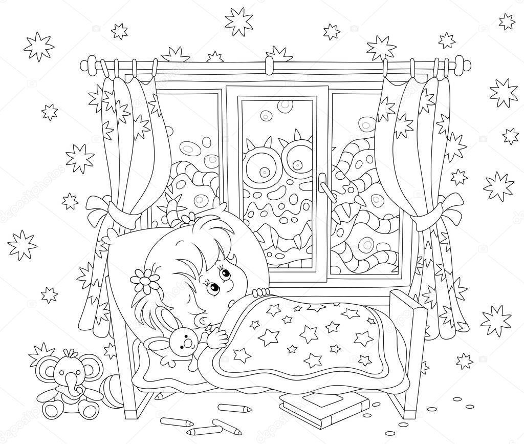 Little girl having a terrible nightmare in her dream with a creepy creature crawling at dark night outside a window of a nursery room, black and white outline vector cartoon illustration