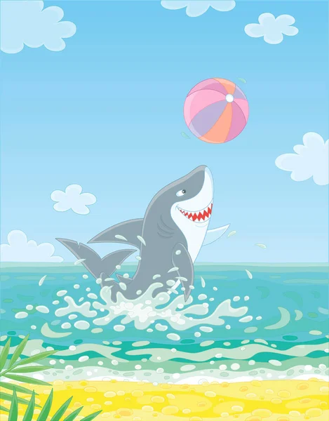 Funny Great White Shark Jumping Out Water Playing Big Colorful — Stockvector