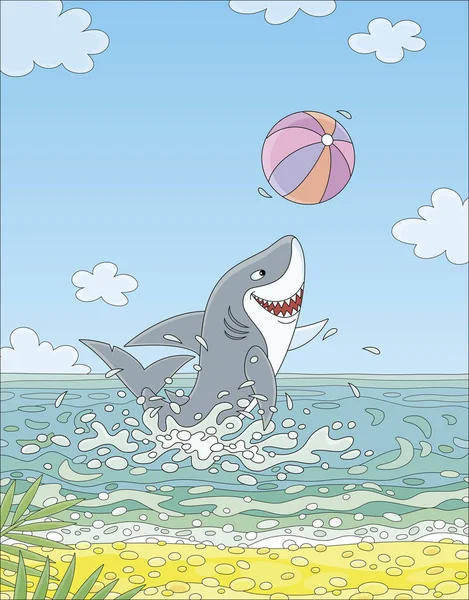 Funny Great White Shark Jumping Out Water Playing Big Colorful — Stockvector