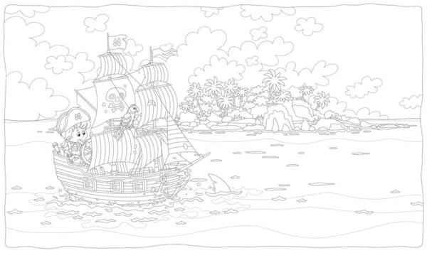 Little Boy Pirate Steering Toy Sea Sailing Ship Guns Black — Stock Vector