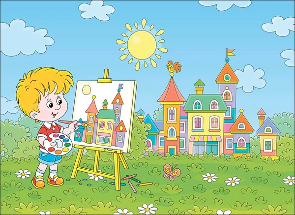 水彩画や色鉛筆で小さな男の子の絵晴れた夏の日にかなり小さな町 ベクトル漫画のイラスト — ストックベクタ