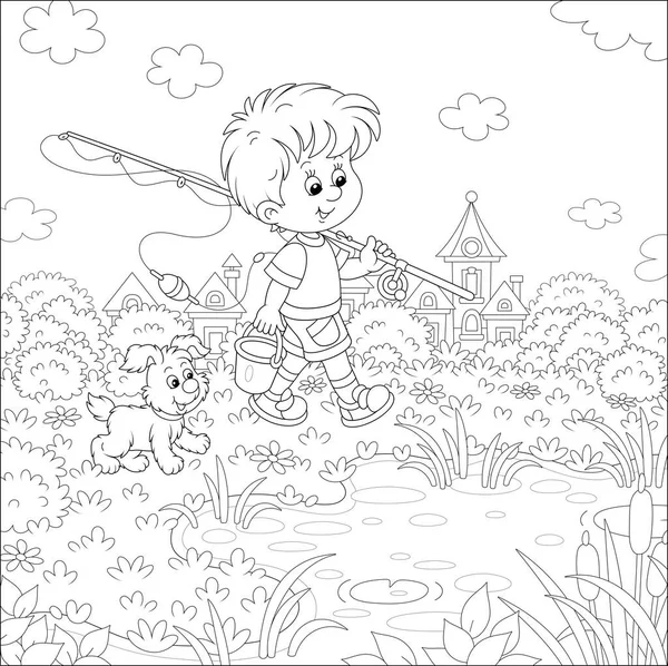一个快乐的小男孩渔夫带着他的钓竿和一只水桶 连同一只快乐的小小狗 在乡村度暑假 玩着黑白相间的卡通片 — 图库矢量图片