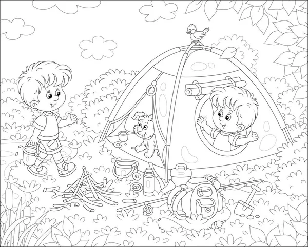 Χαρούμενα Μικρά Αγόρια Τουρίστες Ένα Χαρούμενο Κουτάβι Στο Δάσος Στρατόπεδο — Διανυσματικό Αρχείο