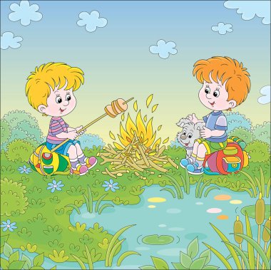 Bir orman kampında küçük bir yavrusu olan küçük izciler, dostça gülümseyen, konuşan ve yaz tatilinde ekmek kızartan, vektör karikatür çizimi