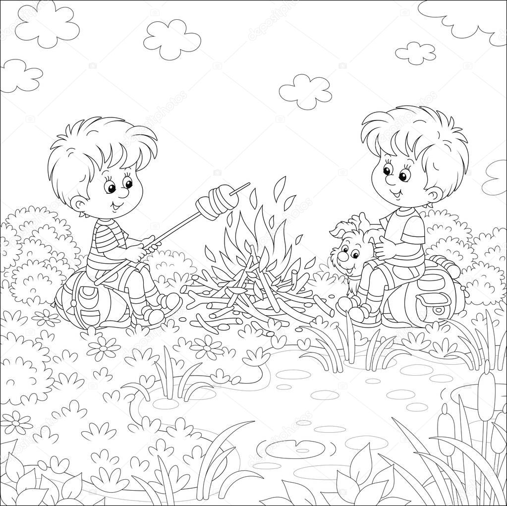 Little boy-scouts with a small pup in a forest camp, friendly smiling, talking and roasting bread on campfire, on summer vacation, black and white outline vector cartoon illustration