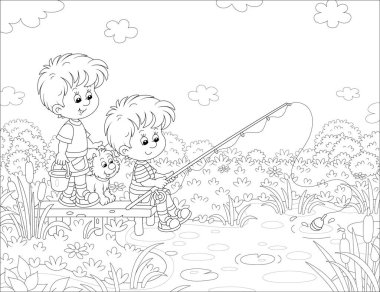 Neşeli küçük çocuklar güzel kırsal kesimde küçük bir gölde balığa çıkıyorlar, neşeli yavrularıyla birlikte, yaz tatilinde, boyama kitabı sayfası için siyah ve beyaz ana hatlı vektör çizimi