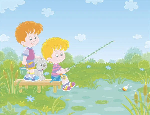 田舎の小さな池で釣りをしている陽気な少年たちと一緒に夏休みにベクトル漫画のイラスト — ストックベクタ